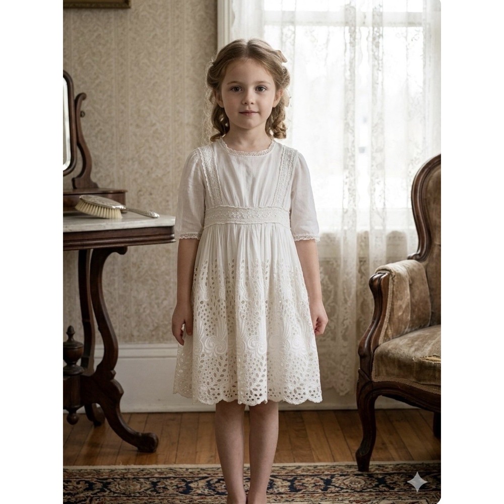 Antique Edwardian Delicate Eyelet Crochet Lace Cotton Lawn Girls Dress Sz 5-7yr